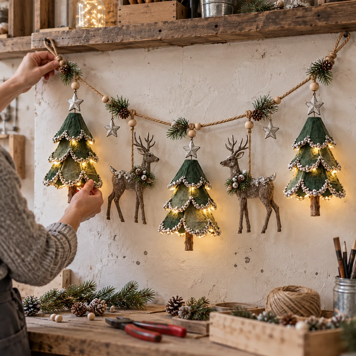 π¦ Lighted Christmas Tree & Reindeer Garland β Rustic Holiday Glow β¨