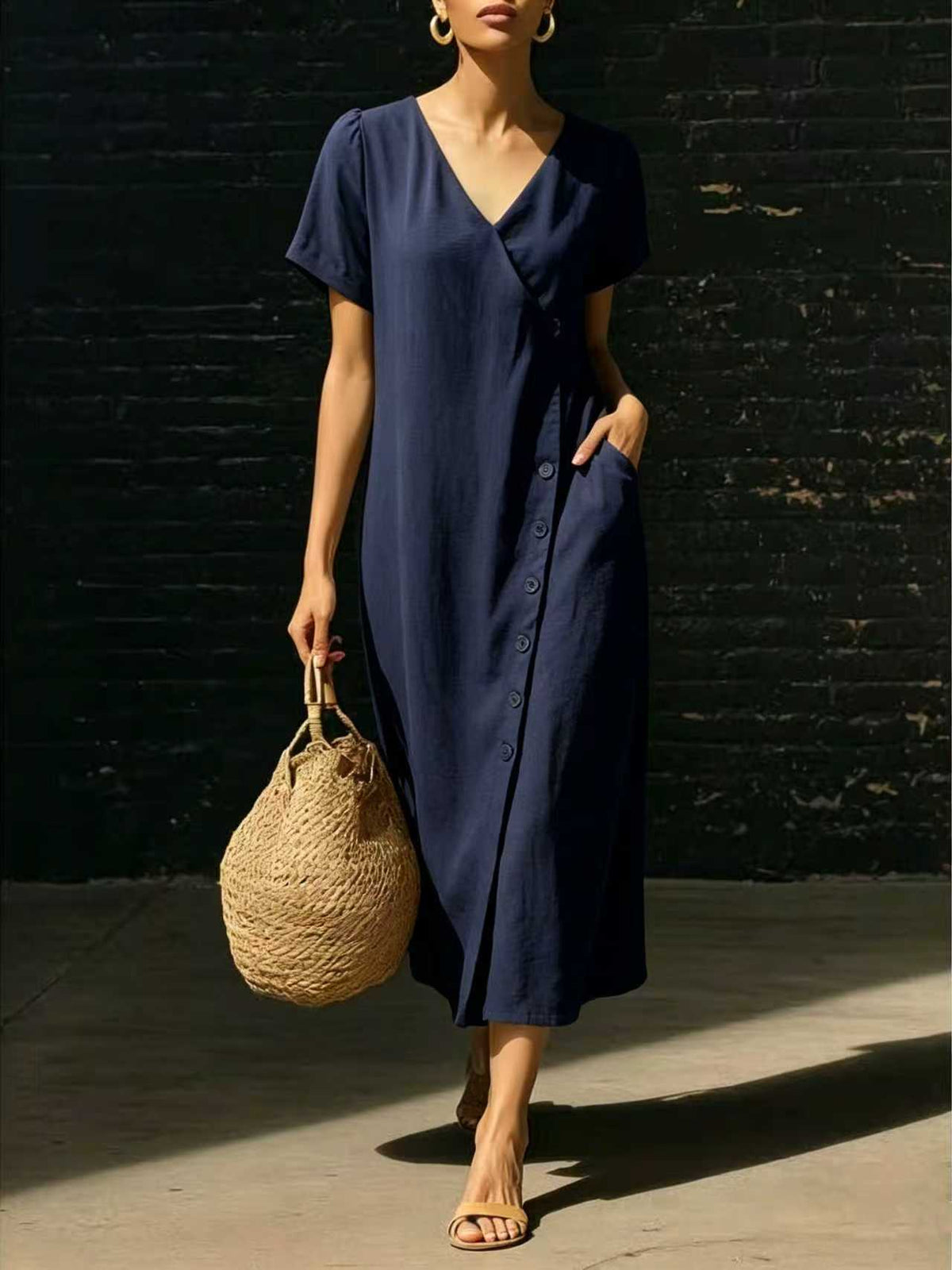 Linen Wrap V Neck Side Button Short Sleeve Midi Dress