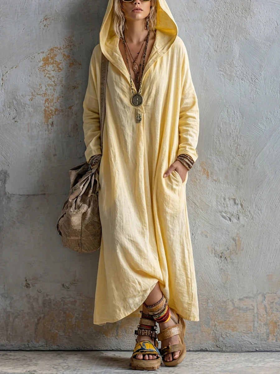 Soft Linen Hooded Maxi Kaftan Dress | Loose Boho Long Sleeve Cover Up