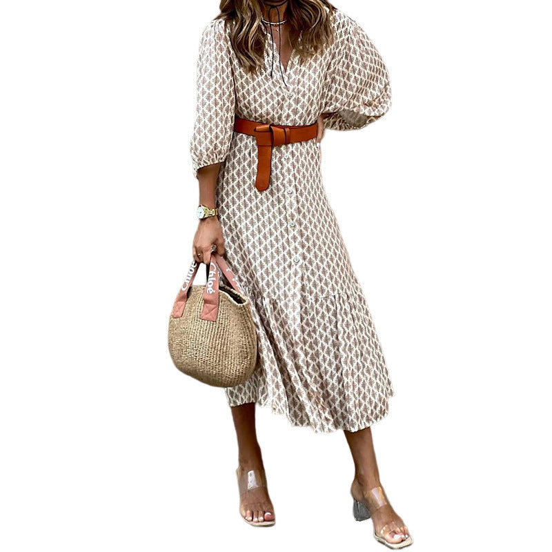 Belted Printed V-Neck Maxi Dress