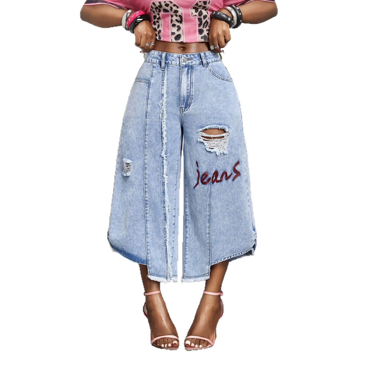 Distressed Patchwork Wide-Leg Capri Jeans