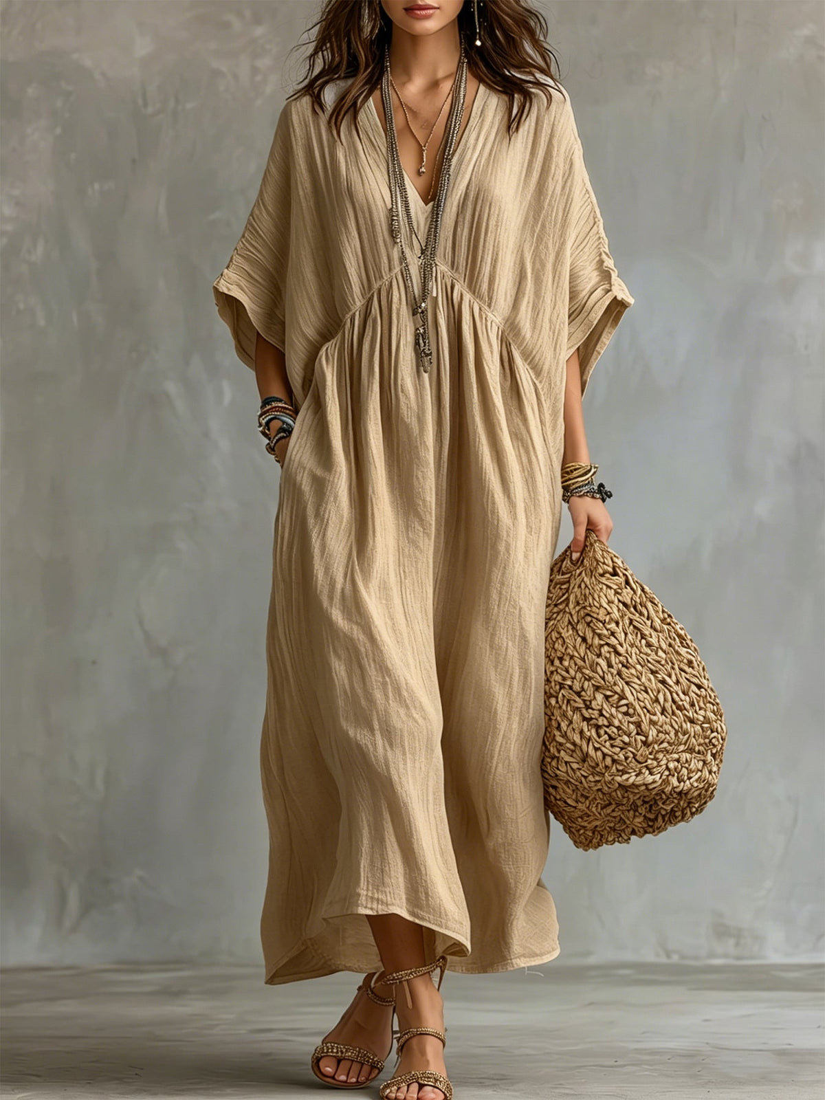 Crinkled V Neck Dolman Sleeve Gathered Waist Kaftan Maxi Dress