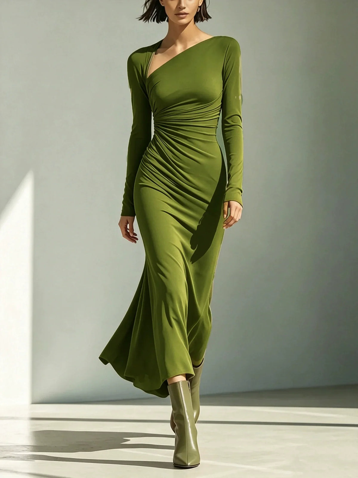 Women's Solid Rust-Red Asymmetric Ruched Long-Sleeve Maxi Dress