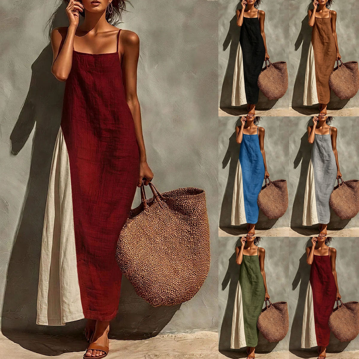 Block Spaghetti Strap Linen Asymmetrical Maxi Dress