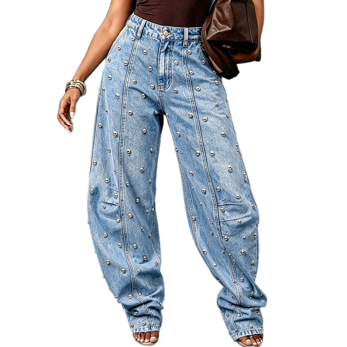 High-Waisted Studded Barrel-Leg Jeans