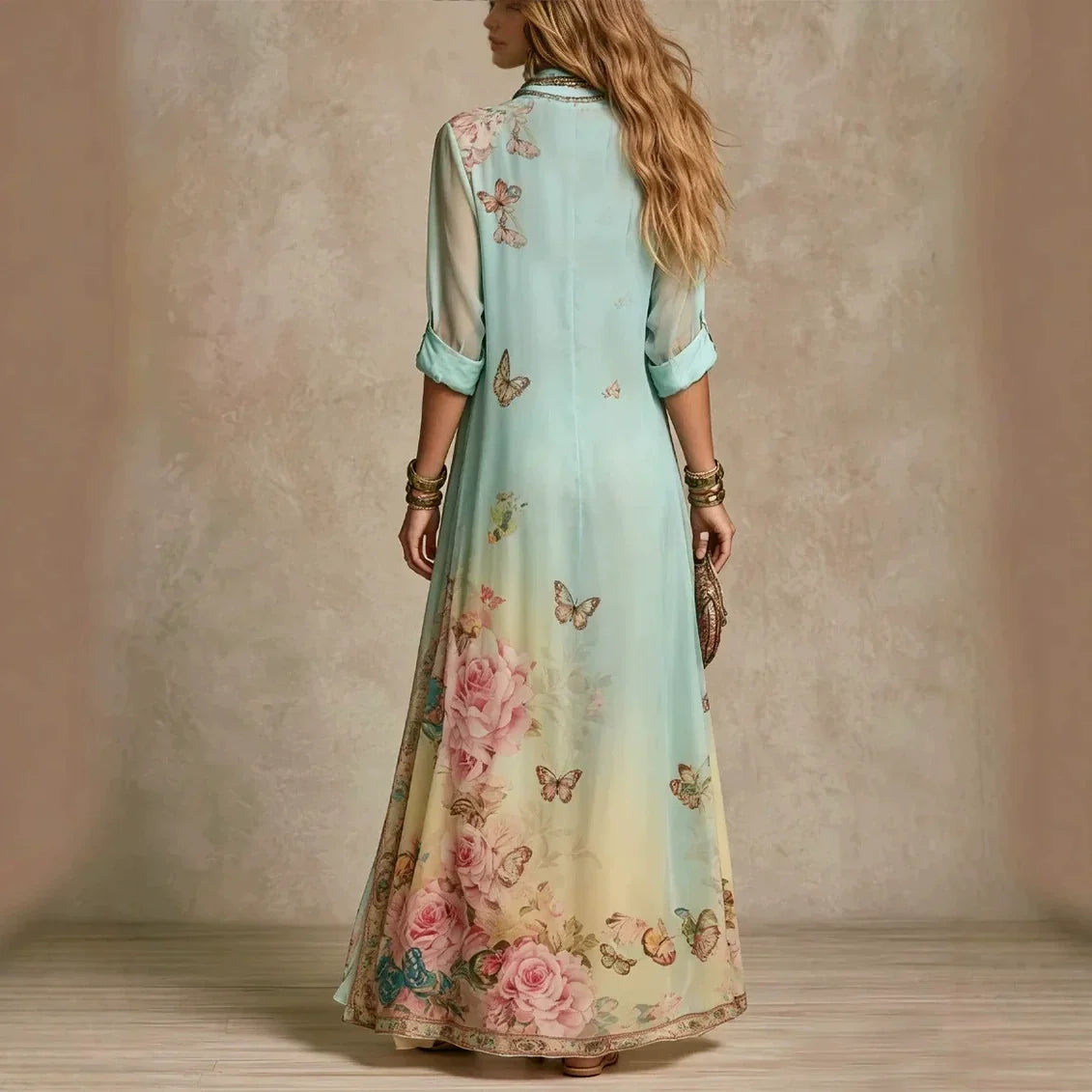Baroque Style Floral Blue Chiffon Maxi Dress