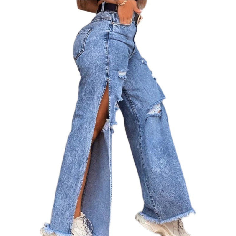 Women’s Distressed Split-Hem Wide Leg Jeans