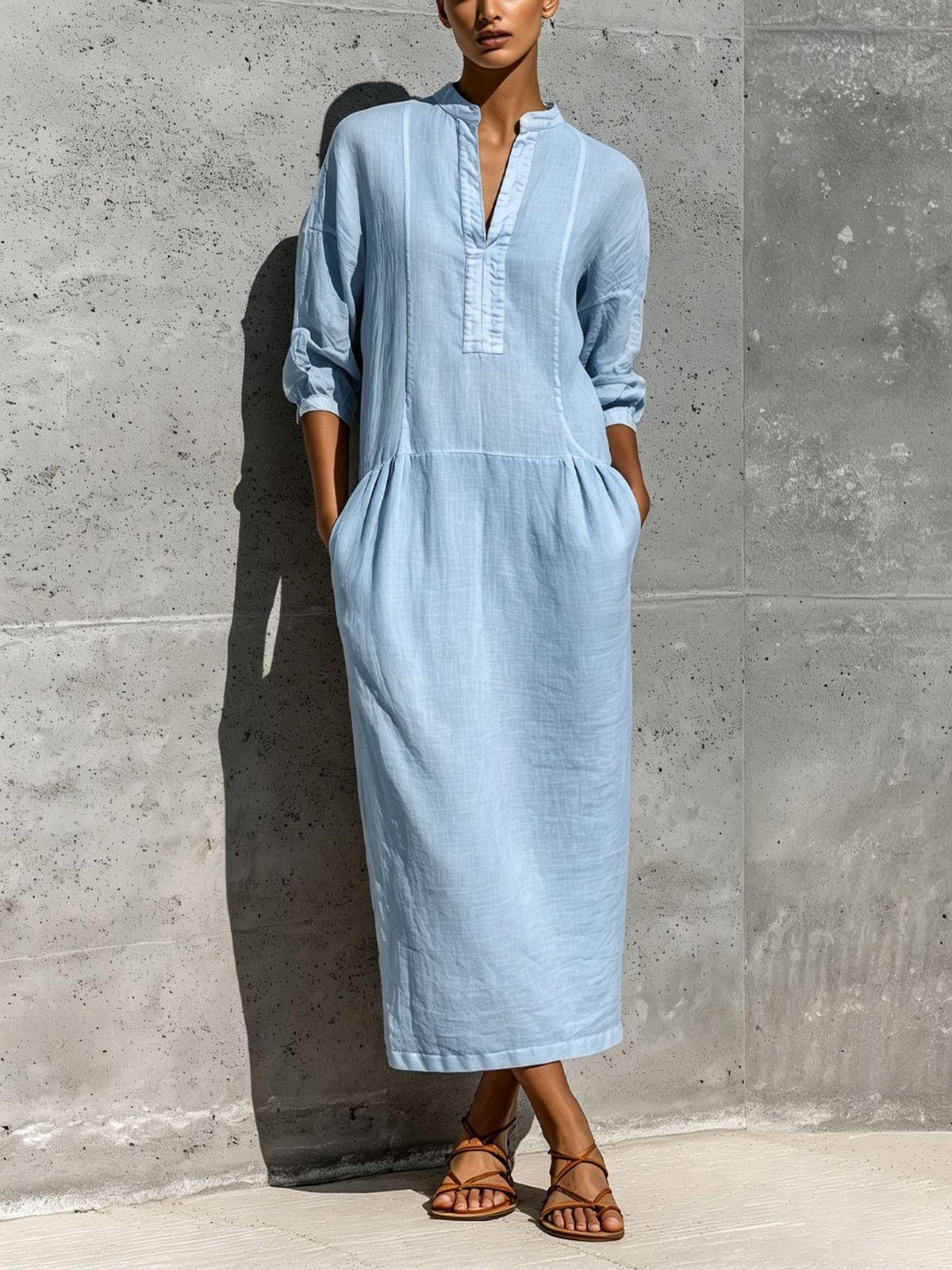 Linen Stand Collar Split V 3/4 Sleeve Drop Pocket Midi Dress