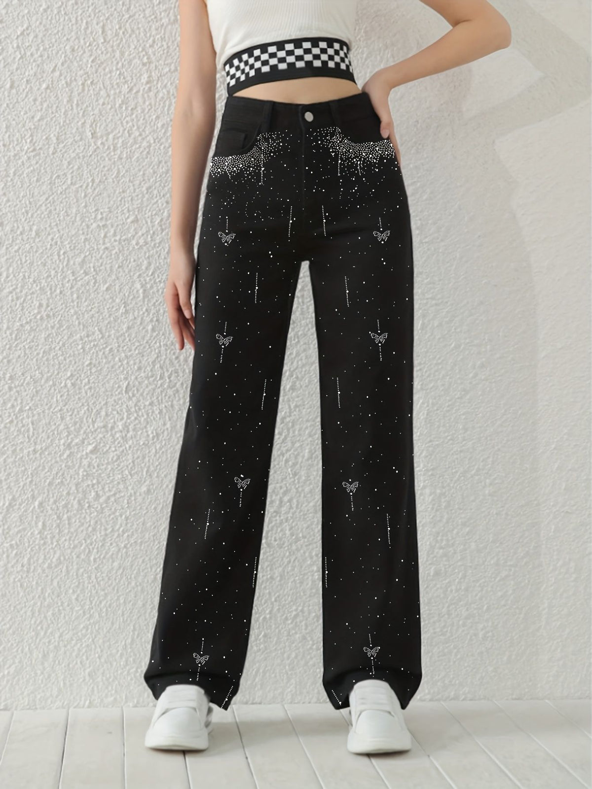 Women’s Rhinestone High-Waist Wide Leg Jeans