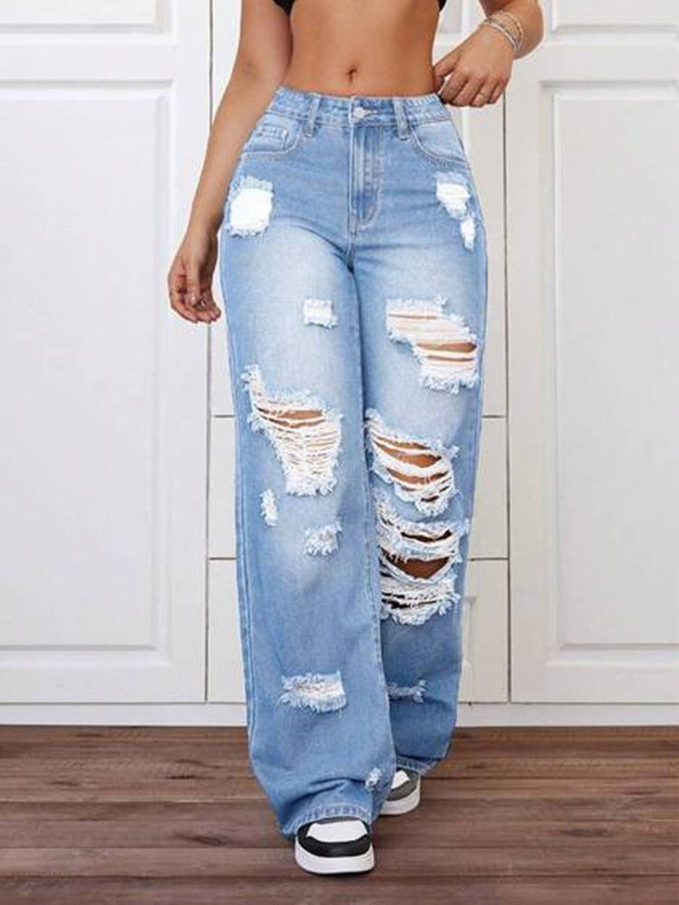 Women’s High-Waist Distressed Straight Leg Jeans