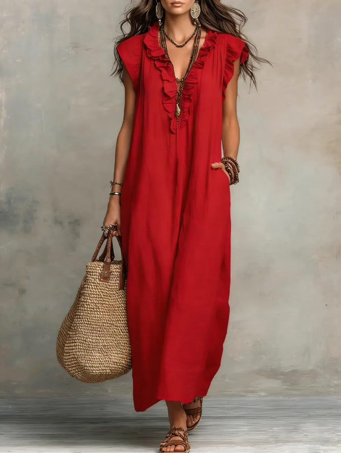 Boho Ruffled V-neck Linen Maxi Dress