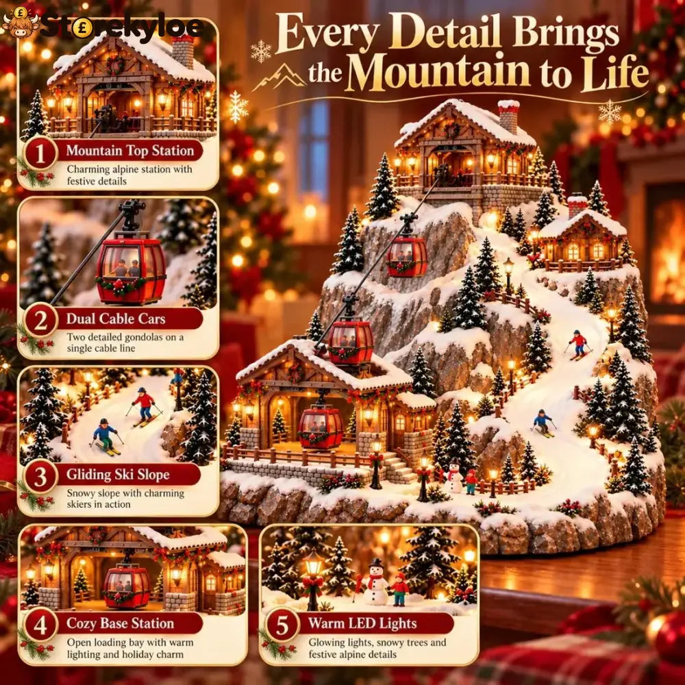 🏠Animated Christmas Mountain Cable Car & Ski Village Scene