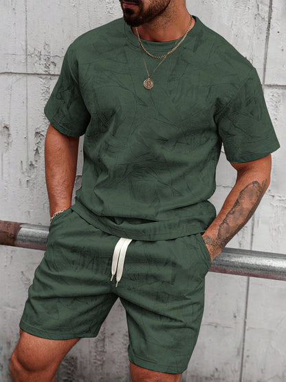 🔥Men's geometric print short-sleeved T-shirt paired with drawstring shorts two-piece set