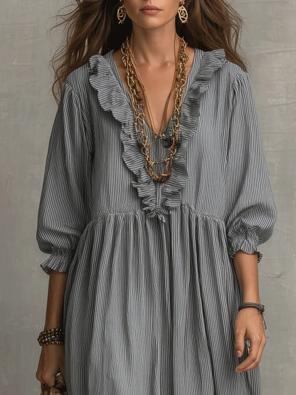 Women's Striped Art Print Casual Stylish Ruffled Vacation Maxi Dress