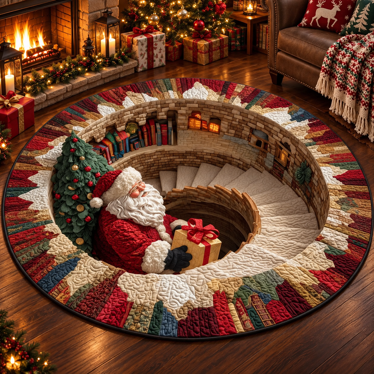 🎄 3D Christmas Santa Illusion Round Floor Mat – Cozy Holiday Home Decor