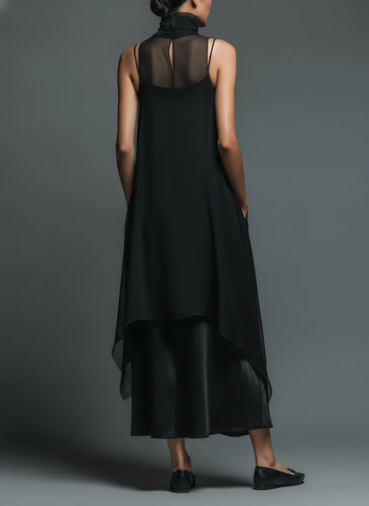 Black Minimalist Faux Acetate Fiber Slip Dress Paired With A Chiffon Cover-up Long Dress Two-piece Set