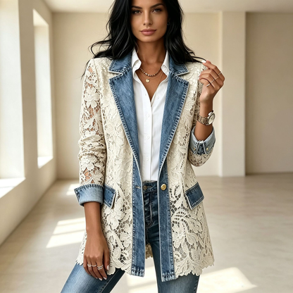 Floral Lace Panel Mid-Length Blazer Coat