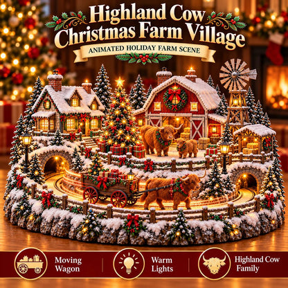 ⌛Last Day 49% OFF🐮 Highland Cow Christmas Farm Village – Lighted Farmhouse Holiday Décor 🎄✨