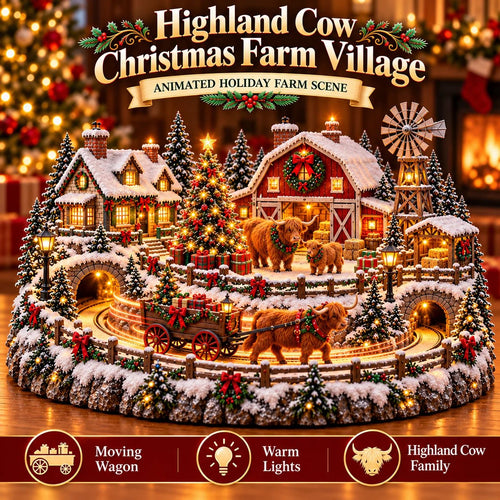 ⌛Last Day 49% OFF🐮 Highland Cow Christmas Farm Village – Lighted Farmhouse Holiday Décor 🎄✨
