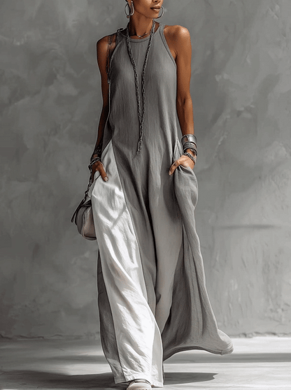 Color Block Gray Sleeveless Cotton Linen Maxi Dress