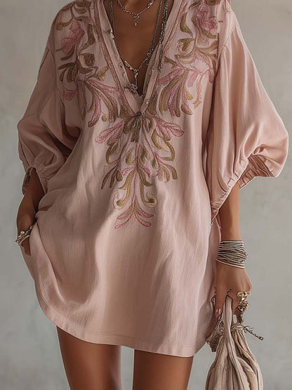 Pink Cotton Linen Mini Dress With Vintage Floral Embroidery