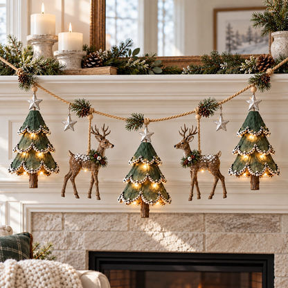 🦌 Lighted Christmas Tree & Reindeer Garland – Rustic Holiday Glow ✨