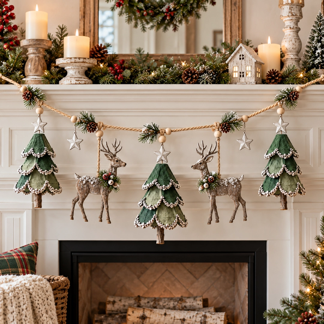 🦌 Lighted Christmas Tree & Reindeer Garland – Rustic Holiday Glow ✨