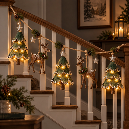 🦌 Lighted Christmas Tree & Reindeer Garland – Rustic Holiday Glow ✨