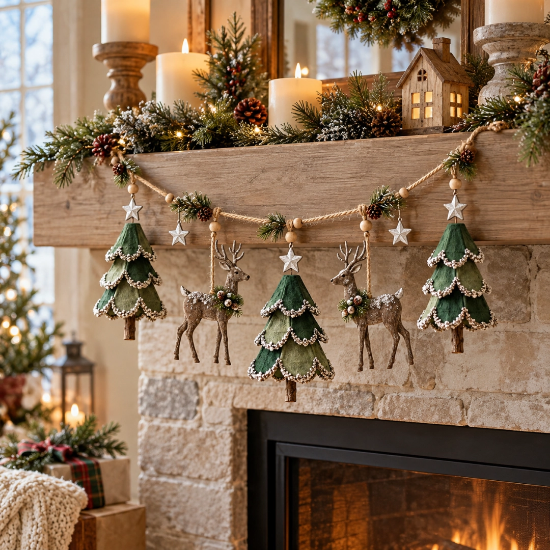 🦌 Lighted Christmas Tree & Reindeer Garland – Rustic Holiday Glow ✨
