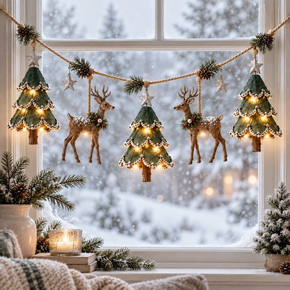 🦌 Lighted Christmas Tree & Reindeer Garland – Rustic Holiday Glow ✨