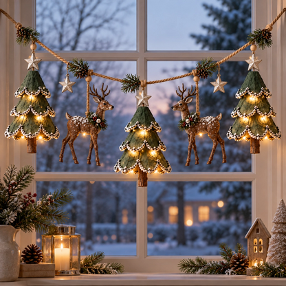 🦌 Lighted Christmas Tree & Reindeer Garland – Rustic Holiday Glow ✨