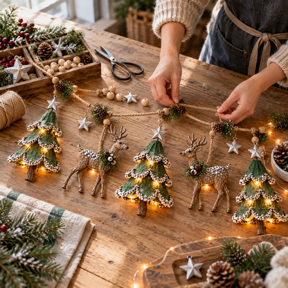 🦌 Lighted Christmas Tree & Reindeer Garland – Rustic Holiday Glow ✨