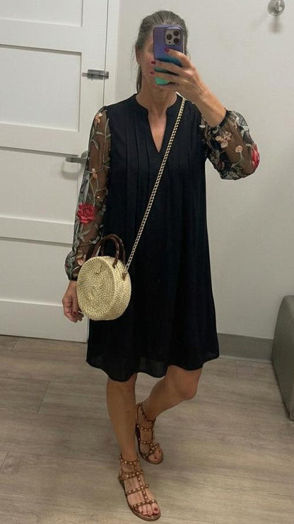 Elegant V-Neck Sheer Sleeve Mini Dress