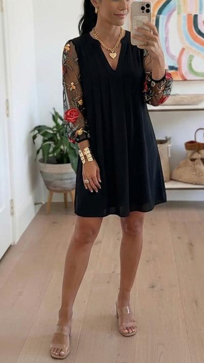 Elegant V-Neck Sheer Sleeve Mini Dress