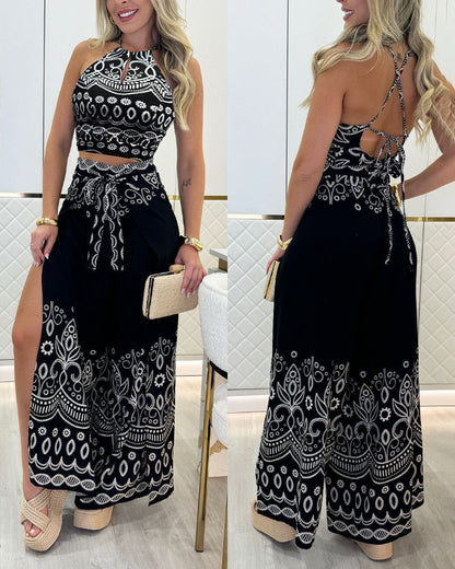 2 Pieces Outfits Tribal Print Keyhole Neck Sleeveless Top and Wide Leg Tied Detail Slit Pants Sets