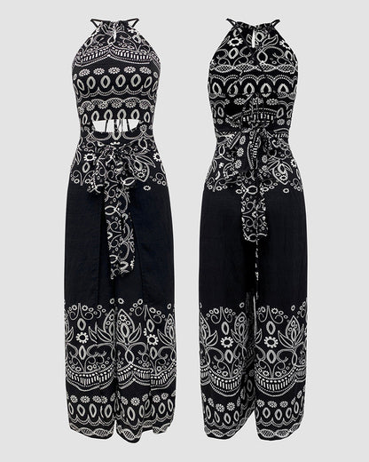2 Pieces Outfits Tribal Print Keyhole Neck Sleeveless Top and Wide Leg Tied Detail Slit Pants Sets