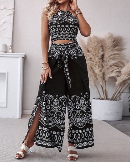 2 Pieces Outfits Tribal Print Keyhole Neck Sleeveless Top and Wide Leg Tied Detail Slit Pants Sets