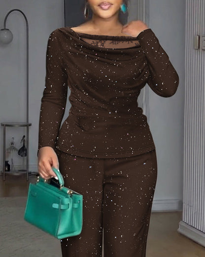 2 Pieces Outfit Cowl Neck Lace Spliced Long Sleeve Top and Elastic Waist Wide Leg Pants Set Casual Glitter Set