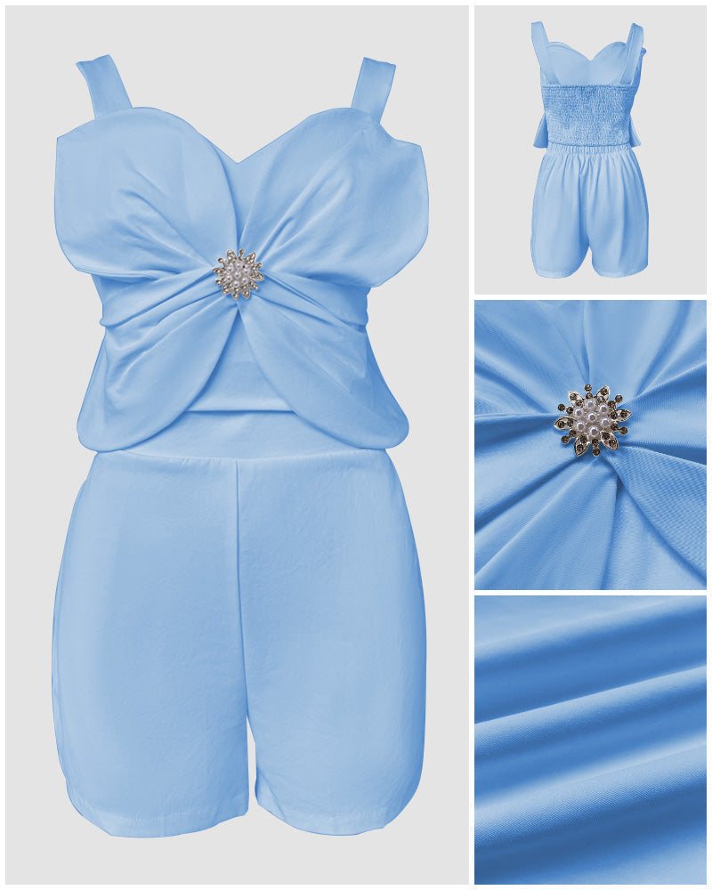 2 Pieces Outfit 3D Flower Decor Sweetheart Neck Thick Straps Shirred Back Crop Top and Casual Elastic Back Waist Shorts Set