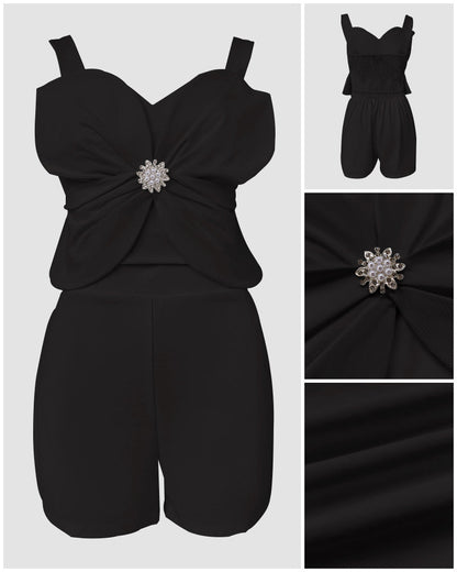 2 Pieces Outfit 3D Flower Decor Sweetheart Neck Thick Straps Shirred Back Crop Top and Casual Elastic Back Waist Shorts Set