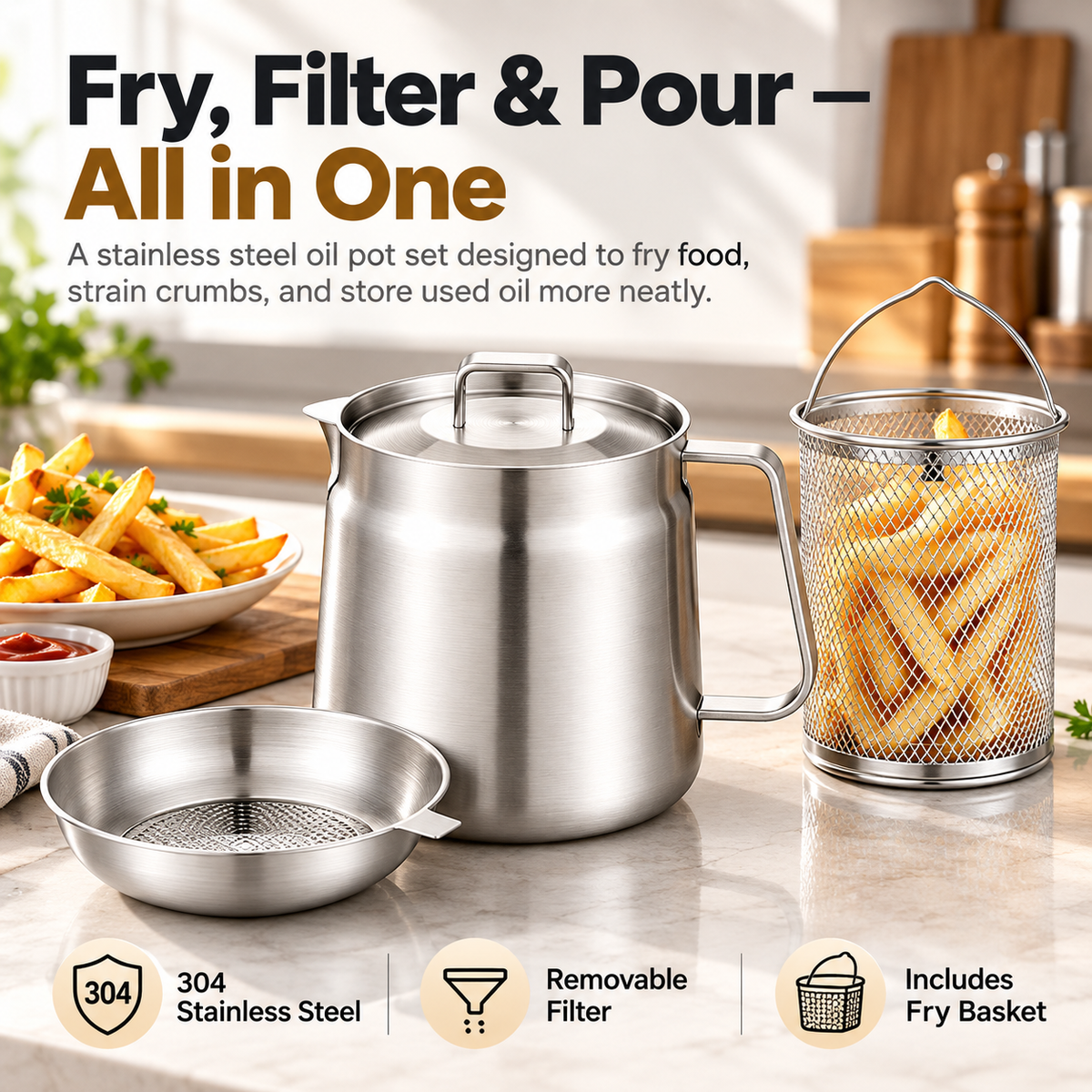 🍟🔥 3-in-1 Stainless Steel Fryer Pot – Fry, Strain & Store Oil with Ease! ✨👨‍🍳