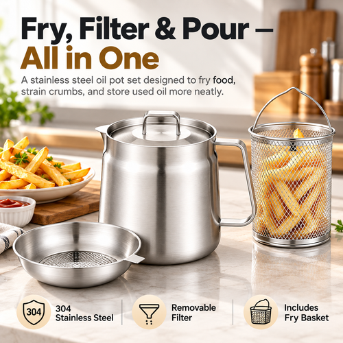 🍟🔥 3-in-1 Stainless Steel Fryer Pot – Fry, Strain & Store Oil with Ease! ✨👨‍🍳