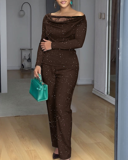 2 Pieces Outfit Cowl Neck Lace Spliced Long Sleeve Top and Elastic Waist Wide Leg Pants Set Casual Glitter Set