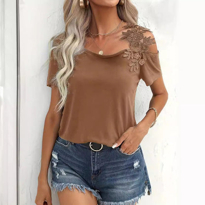 solid color stitching fashion lace T-shirt women's tops