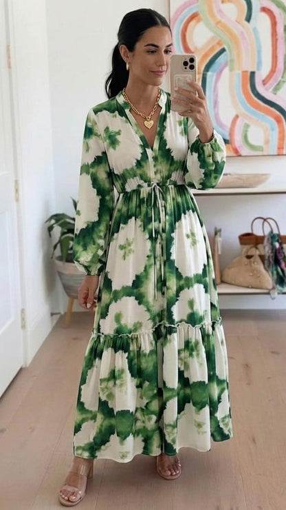 Green Long Sleeve V-Neck Maxi Dress