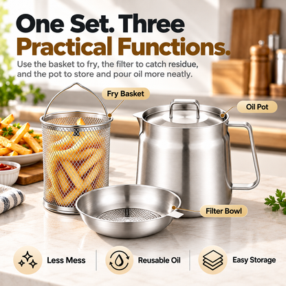 🍟🔥 3-in-1 Stainless Steel Fryer Pot – Fry, Strain & Store Oil with Ease! ✨👨‍🍳