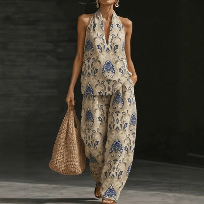 Geometric Print Halter V-Neck Sleeveless Top & Wide Leg Pants Two Piece Set