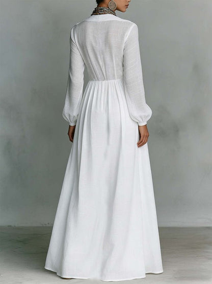 Casual Cotton Linen Maxi Dress High Waist Stand Collar Daily