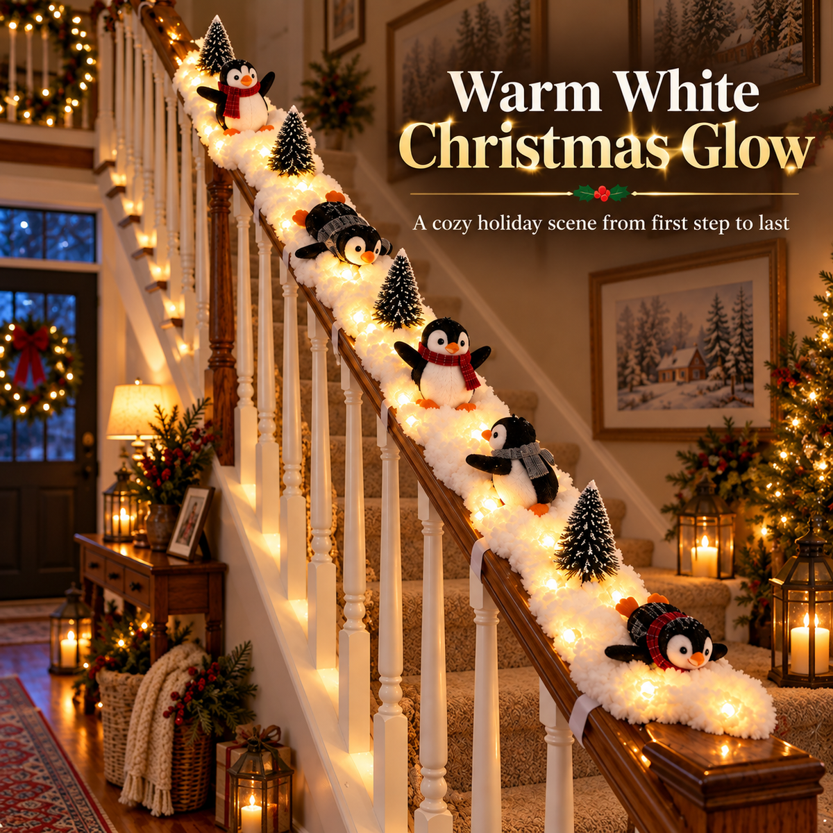❄️ Lighted Christmas Penguin Decoration | Cute Snowy Stair Railing Décor | Festive Holiday Home Accent 🐧