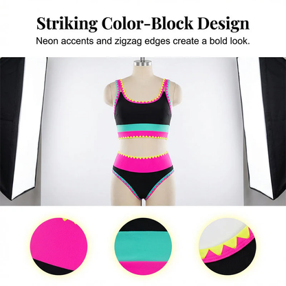 Color Contrast Patchwork Nylon Sporty 3 Piece Bikini Sets